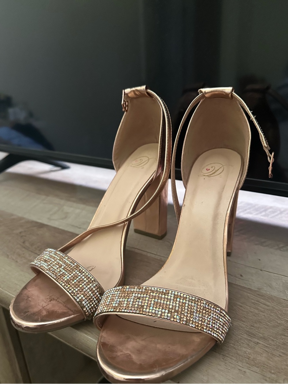 Women's Rose Gold Ankle-Strap Heeled Sandals with Rhinestone Strap